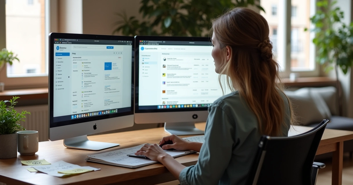 Mesa com dois monitores exibindo painéis diferentes de criação de sites 