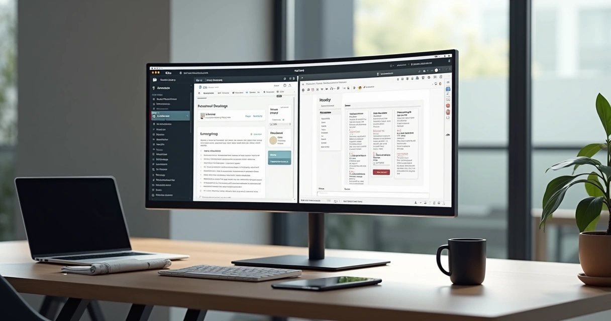 Tela dividida comparando WordPress e Webflow em um escritório moderno 