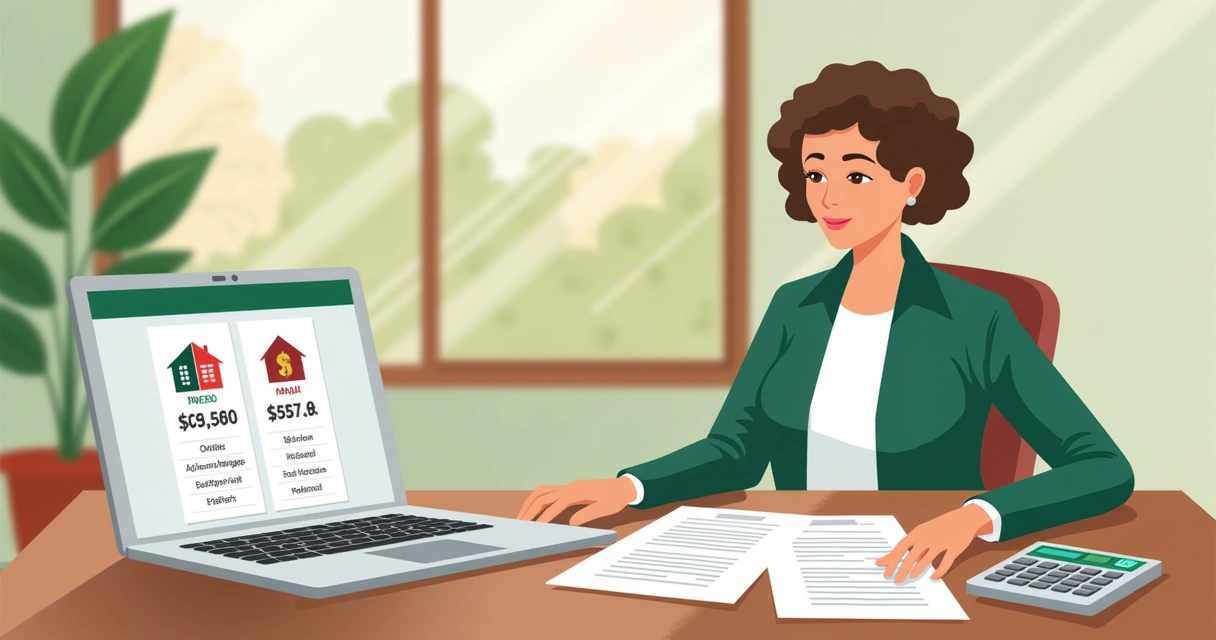 Ilustración de una persona comparando ofertas de hipoteca en un escritorio con documentos y una planta.