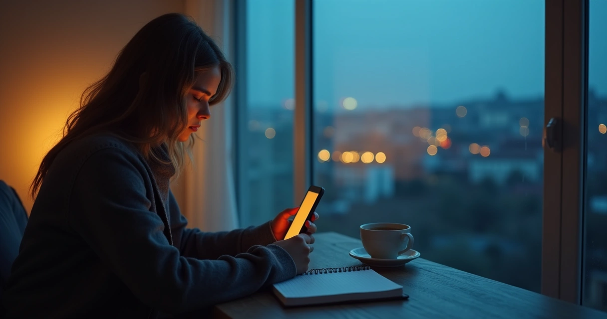 Persona mirando un teléfono con gestos de tensión frente a una ventana 