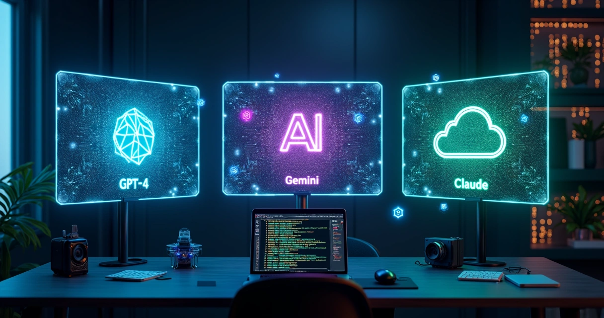 Comparación visual de tres inteligencias artificiales para microSaaS con símbolos tecnológicos y pantallas digitales 