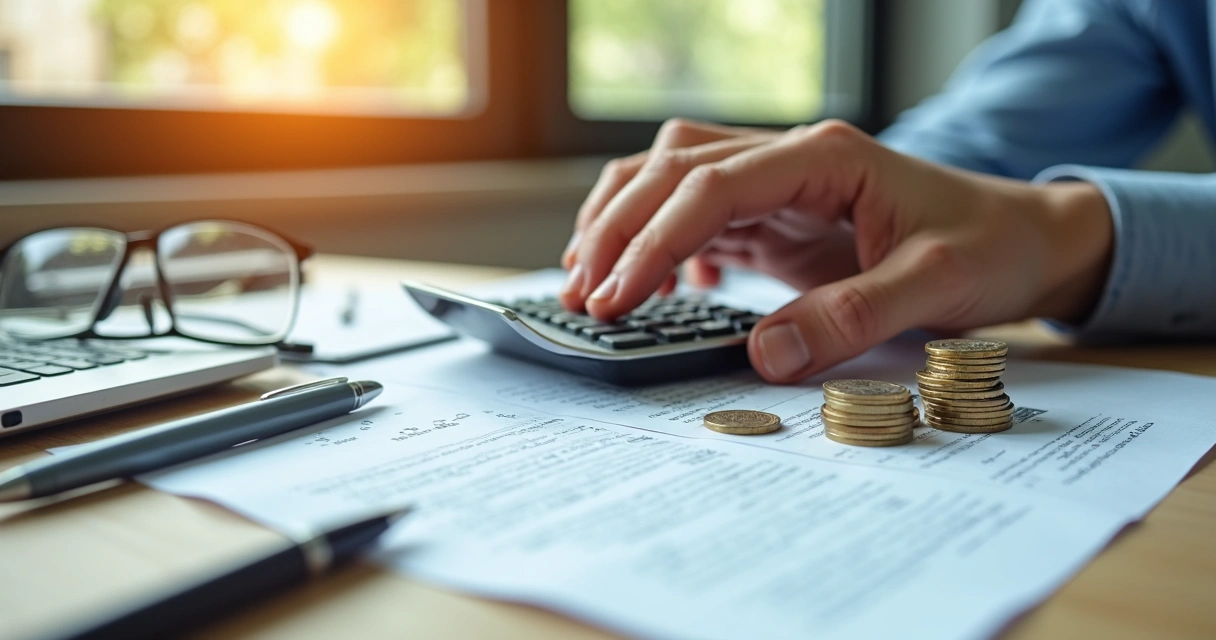 Mano ajustando calculadora junto a pólizas de seguro y monedas. 