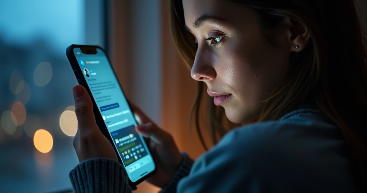 Pantalla de redes sociales reflejada junto a un rostro pensativo 