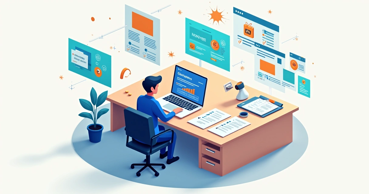 Profissional comparando diferentes ferramentas de criação de sites em telas flutuantes 