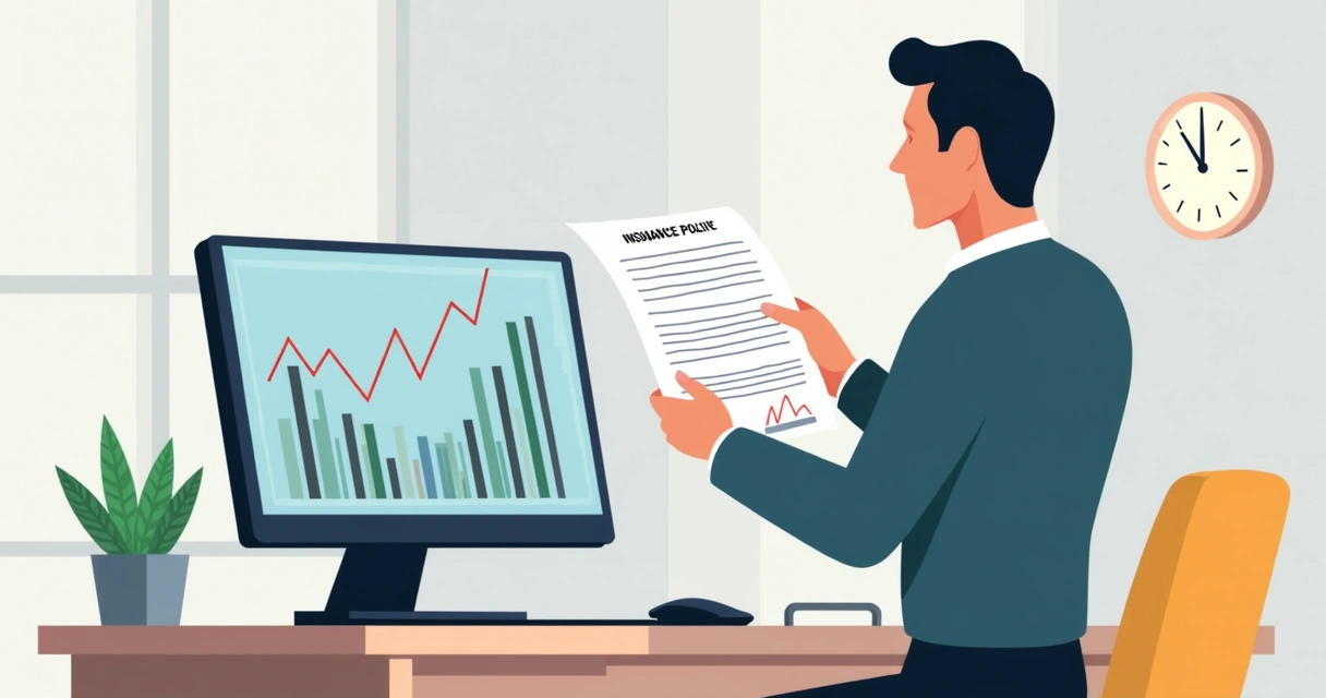 Homem comparando tela de investimentos com apólice de seguro 