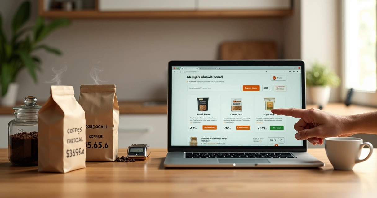 Pessoa compara preços de café arábica em grãos e moído em site de supermercado no notebook 