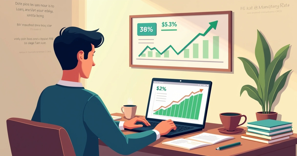 Ilustração de uma pessoa comparando taxas de juros em um laptop, com gráficos e documentos ao redor.