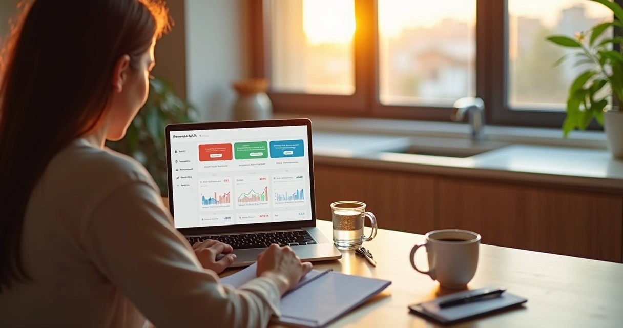 Pessoa avaliando opções de crédito no notebook com visualização clara de dados financeiros 
