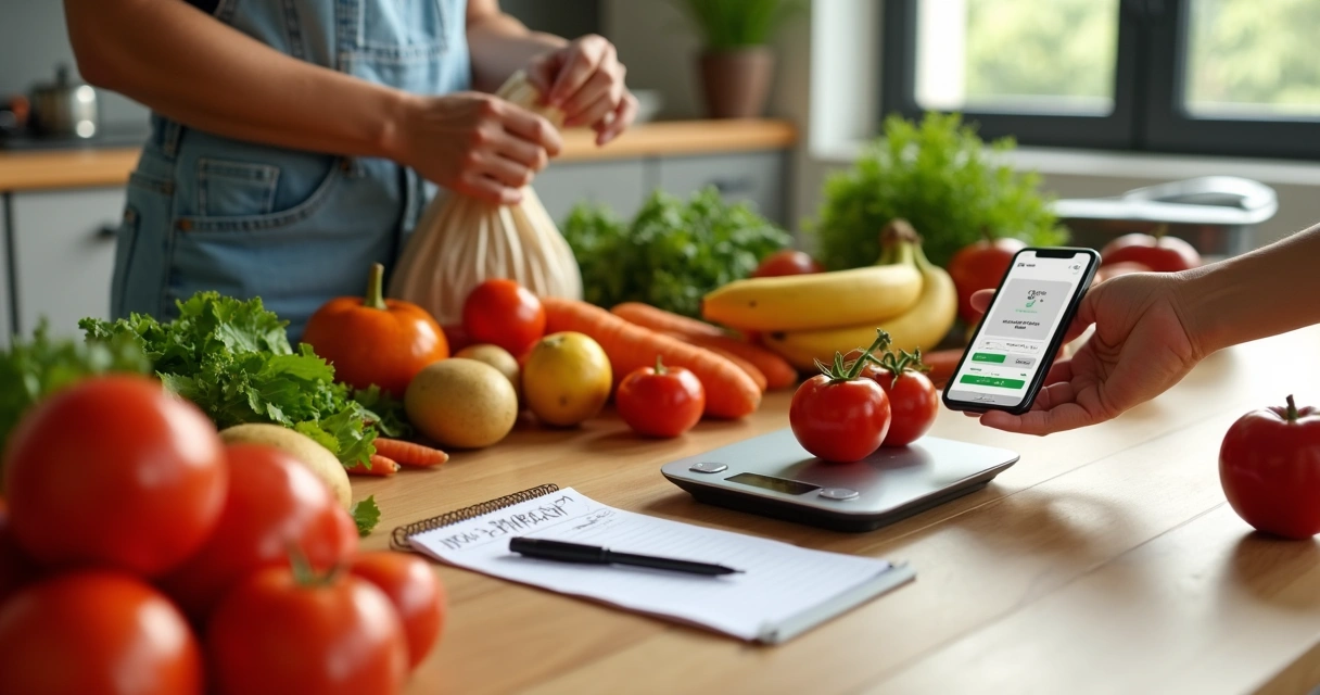 Consumidora brasileira comparando preços de frutas e legumes na balança digital 