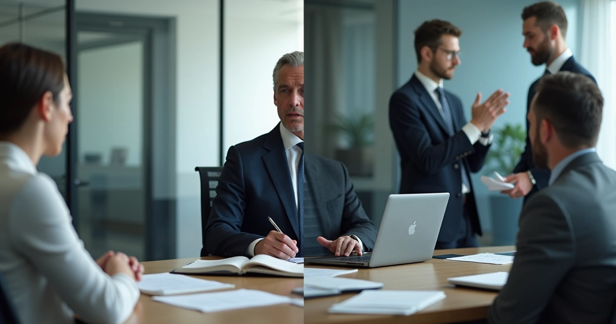 Advogado sentado sozinho em sala, à esquerda, e três advogados conversando à direita