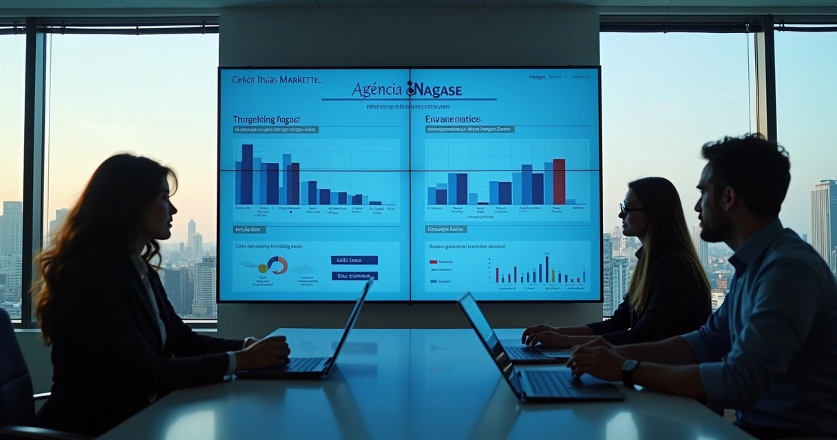 Profissionais observando painel digital com comparação de resultados de agências de marketing 