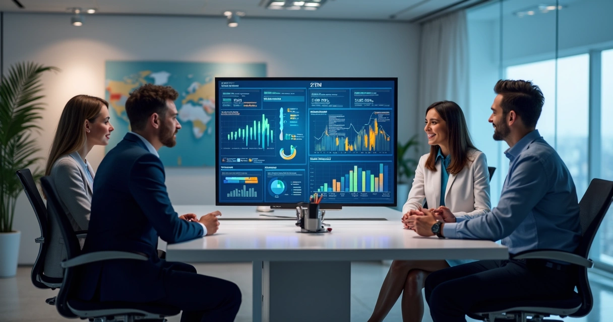Três profissionais de marketing odontológico discutindo estratégias em frente a telas digitais com gráficos e logos das agências Odonto Results, ICOM e Prospecta Odonto 