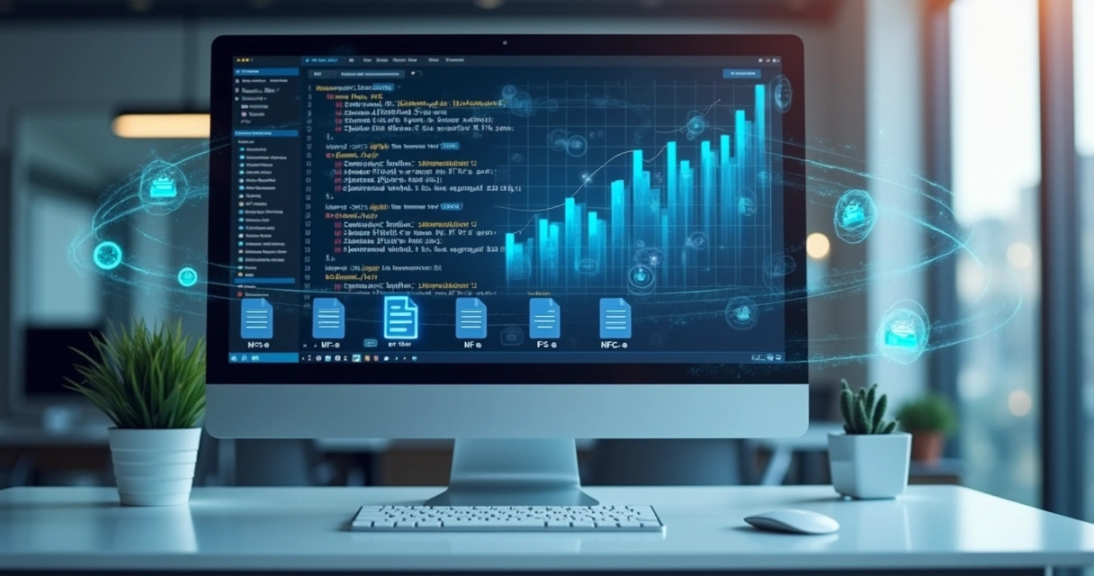 Tela de computador exibindo gráficos e códigos de API para emissão de notas fiscais eletrônicas com interface moderna e elementos visuais de tecnologia 