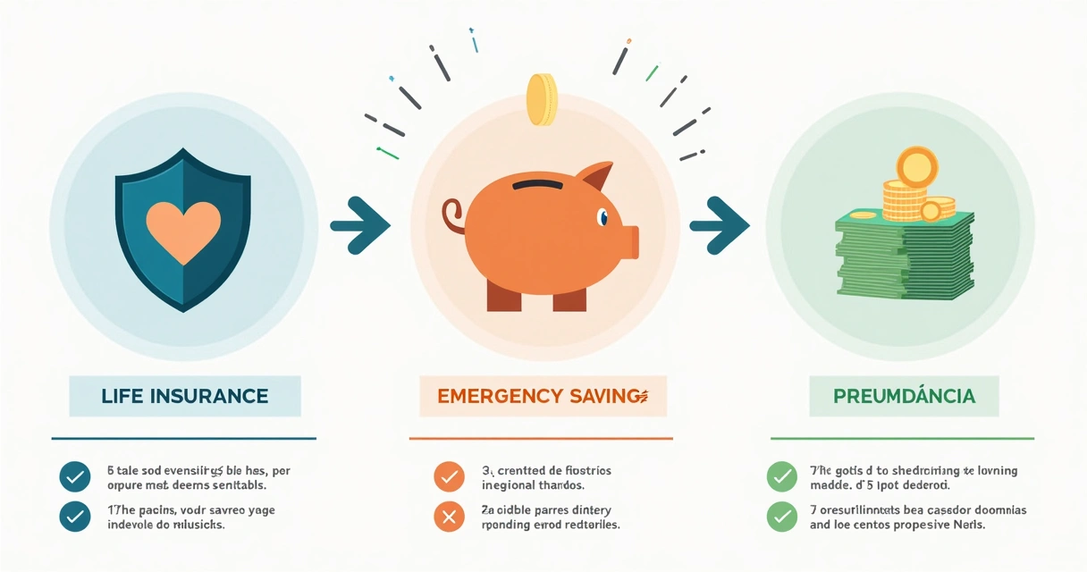 Comparação visual entre seguro de vida, reserva e previdência com ícones e setas 