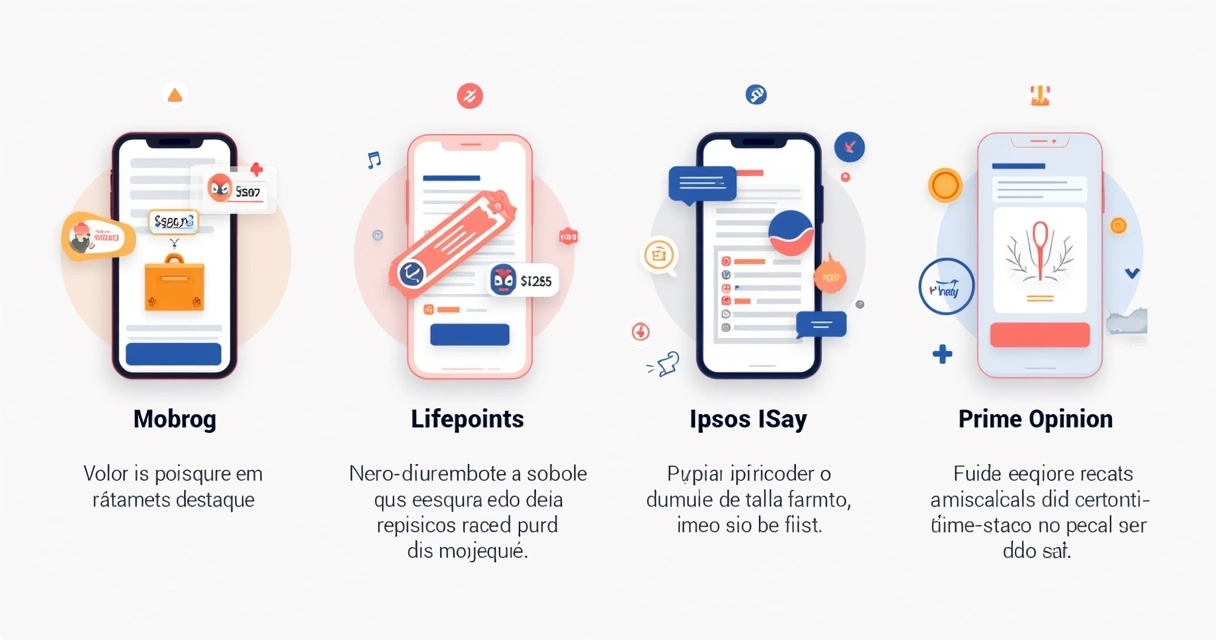 Ilustração comparativa de aplicativos de pesquisa com valores e recompensas destacadas, como Mobrog e Lifepoints.