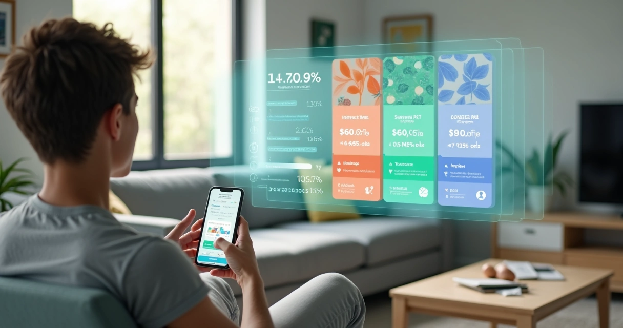 Pessoa compara aplicativos de taxas de financiamento imobiliário em um painel digital flutuante 