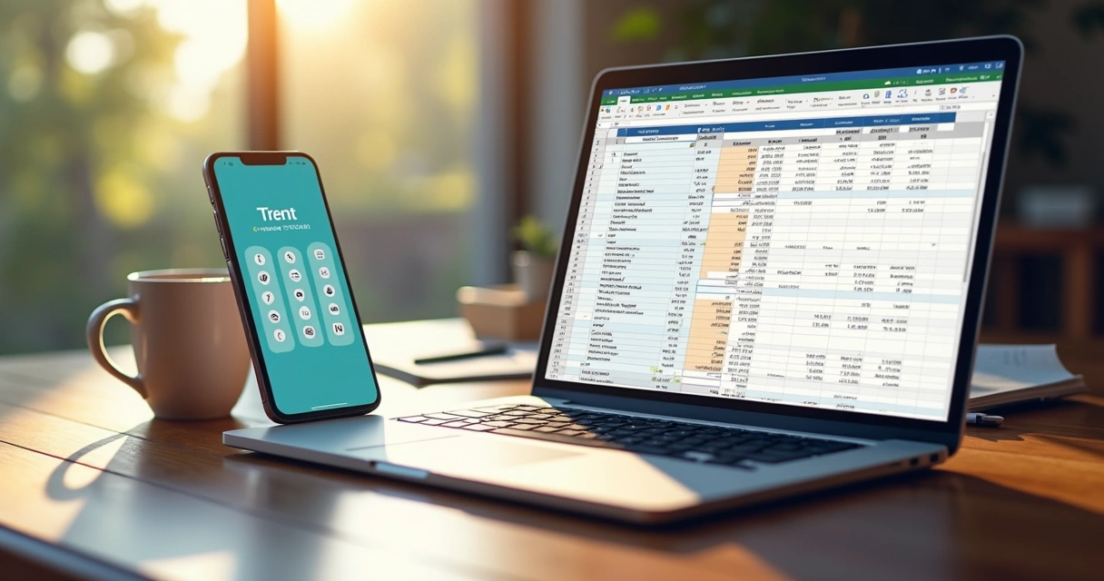 Celular com app financeiro ao lado de notebook com planilha aberta 