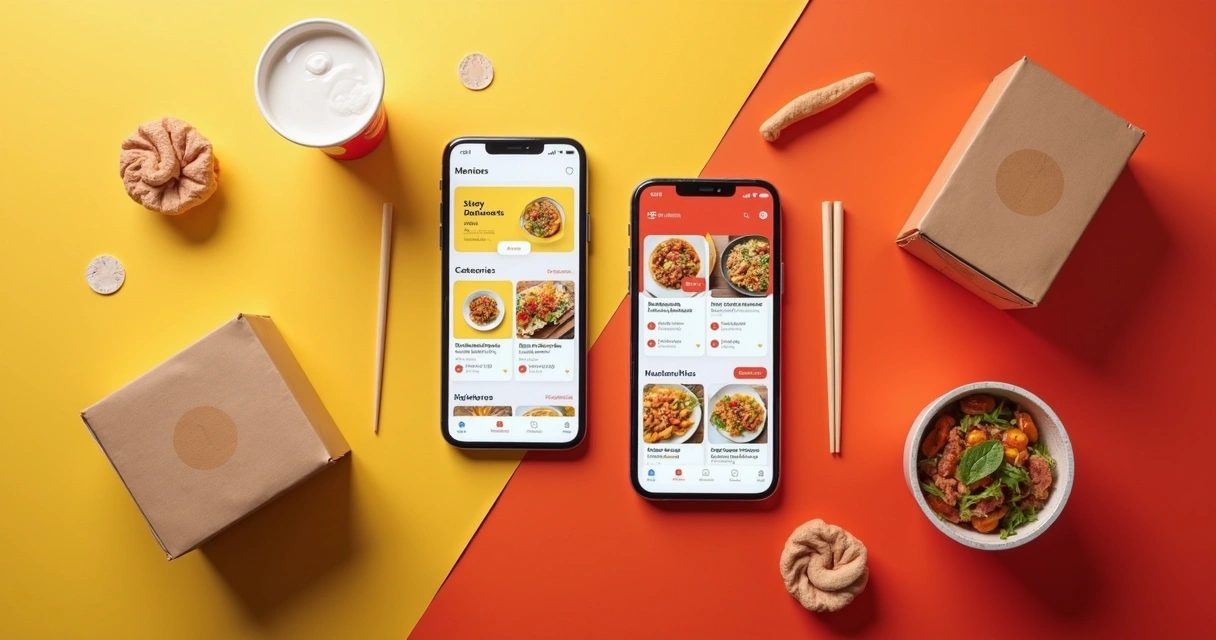 Dois smartphones lado a lado exibindo diferentes aplicativos de delivery sobre fundo colorido dividido 