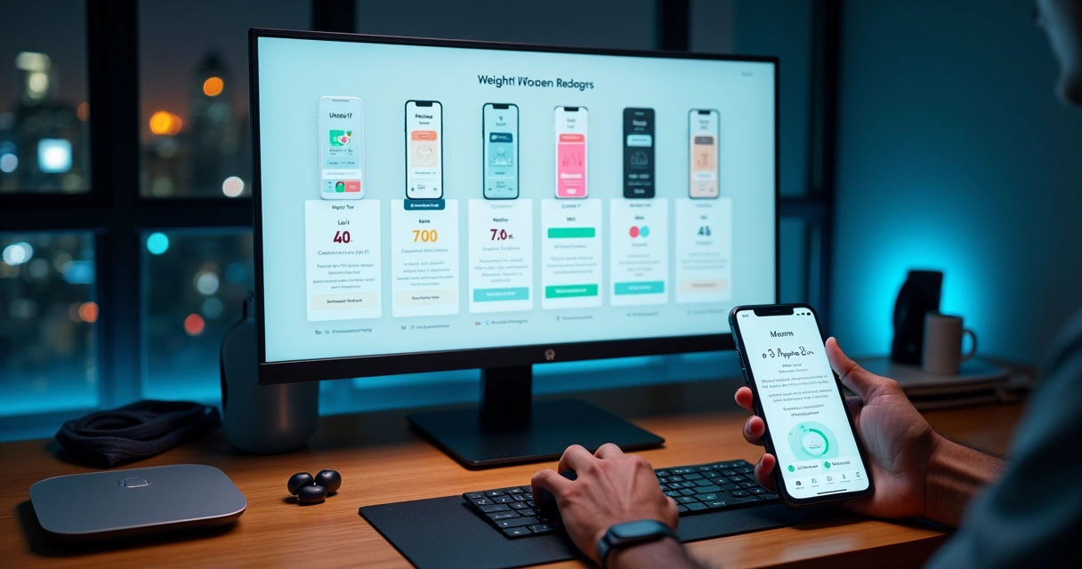 Pessoa comparando aplicativos de emagrecimento em tela grande com gráficos de progresso 