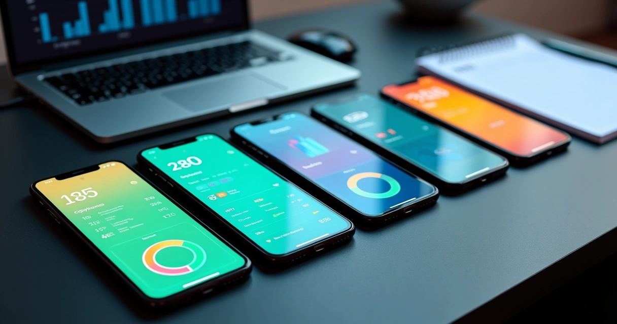 Smartphones lado a lado exibindo gráficos de apps de finanças pessoais 