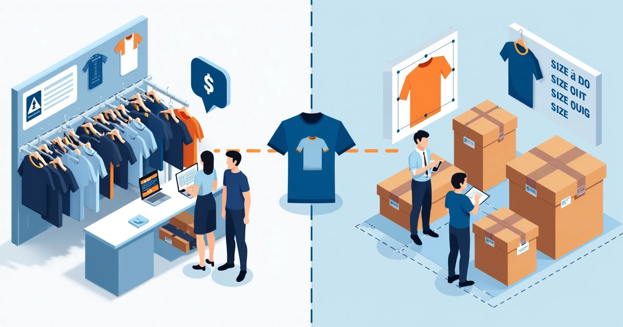 Ilustração comparando compra de camisetas no atacado e varejo