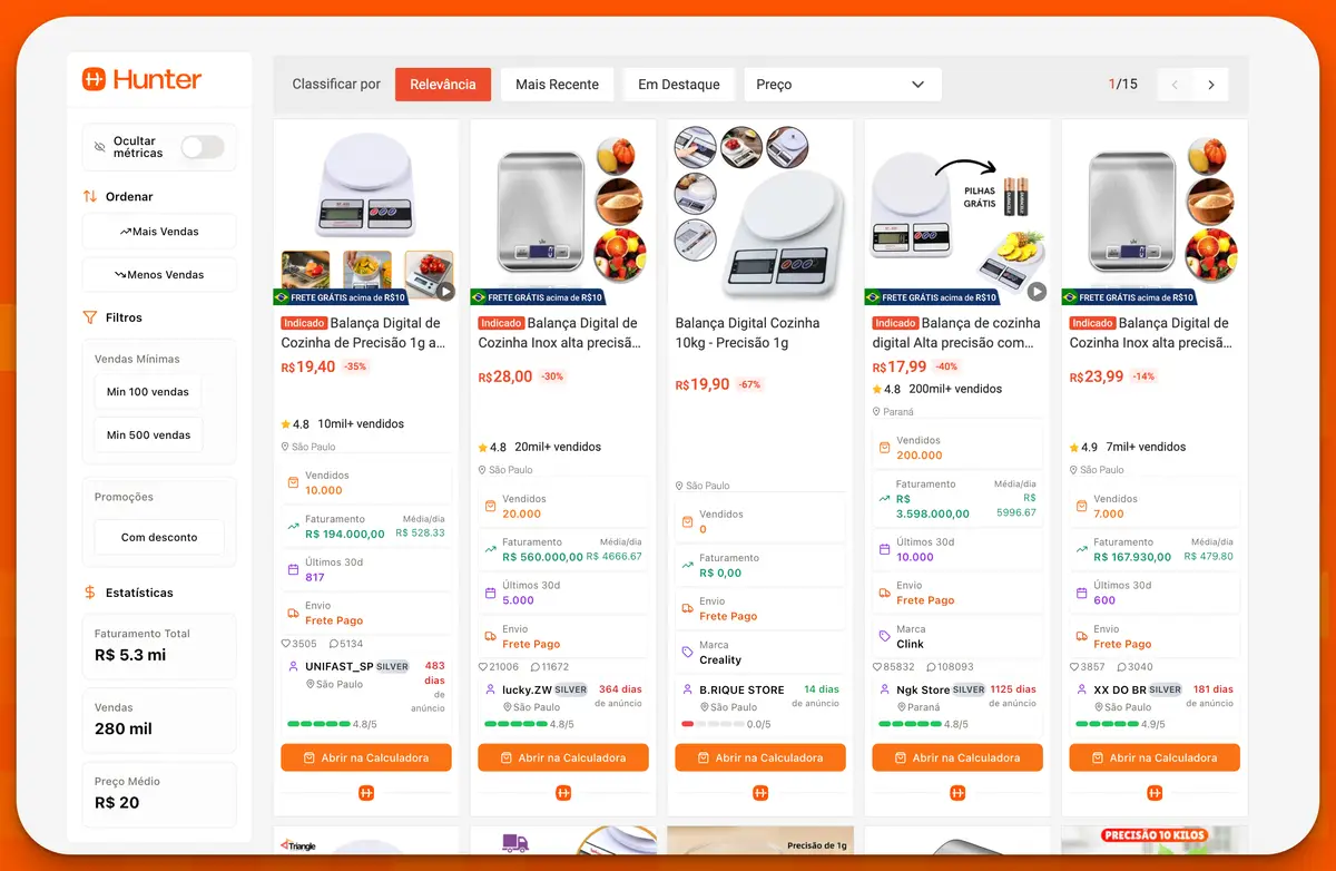 Tela da plataforma Hunter mostrando comparação de anúncios de balança digital de cozinha, com filtro por relevância e estatísticas de vendas