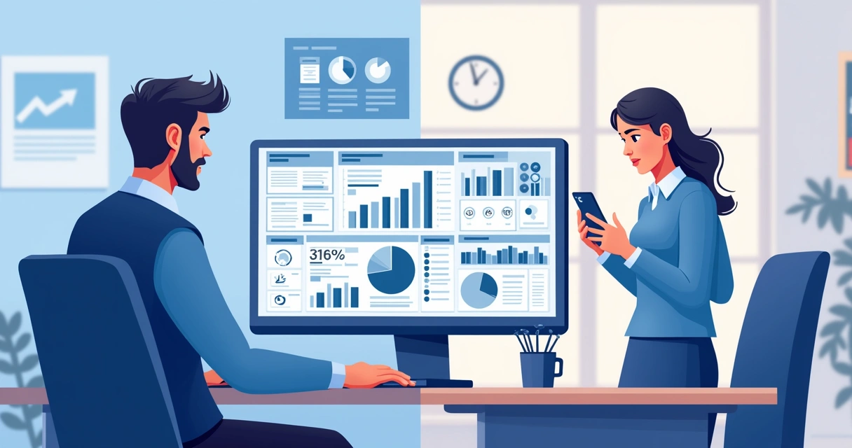 Painel de BI tradicional de um lado, e interface de WhatsApp com consulta de dados no outro lado