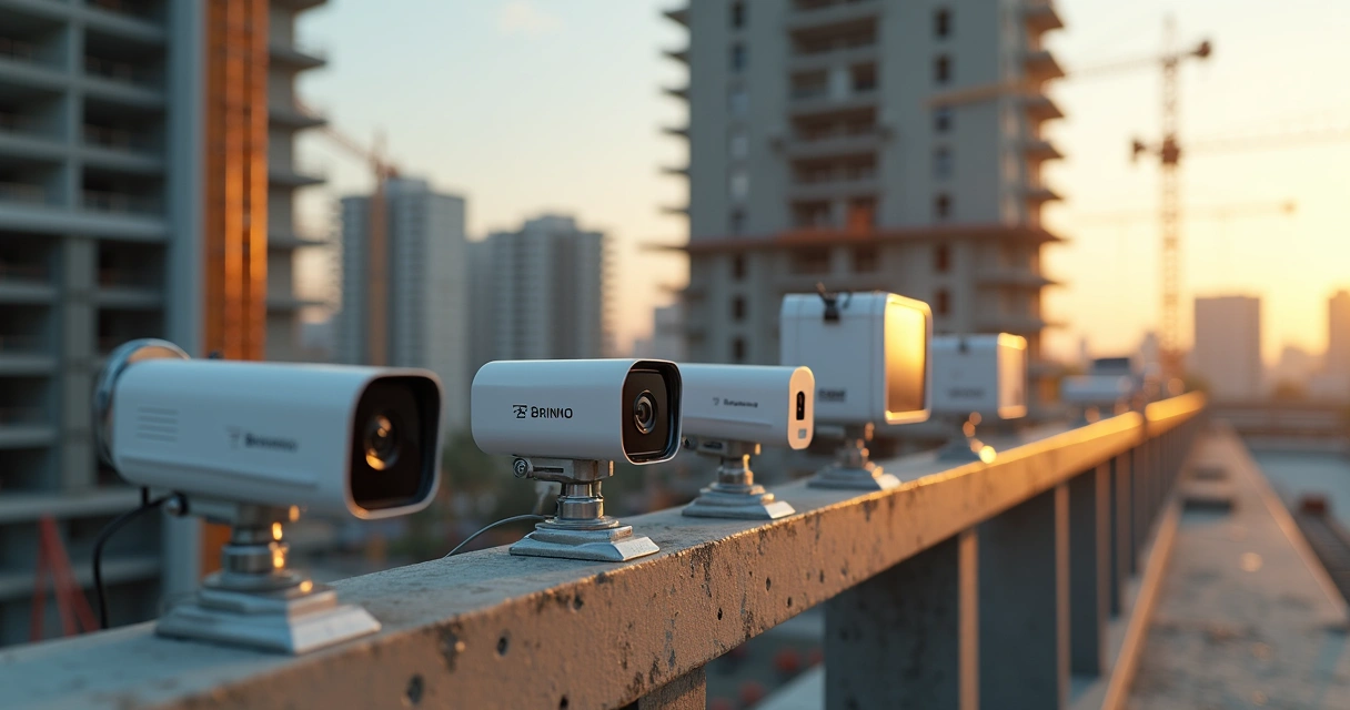Linha de câmeras time-lapse profissionais posicionadas em frente a um prédio em construção 