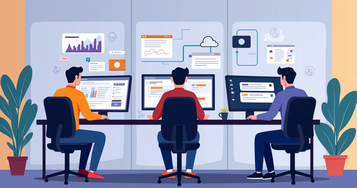 Três equipes de tecnologia trabalhando em ambientes diferentes, cada uma usando Slack, Microsoft Teams ou Discord, com telas mostrando mensagens, integrações de projetos e gráficos de crescimento. Cores distintas representam cada app, detalhes como botões de integração, e ambiente de escritório moderno. Corporate flat Illustration 
