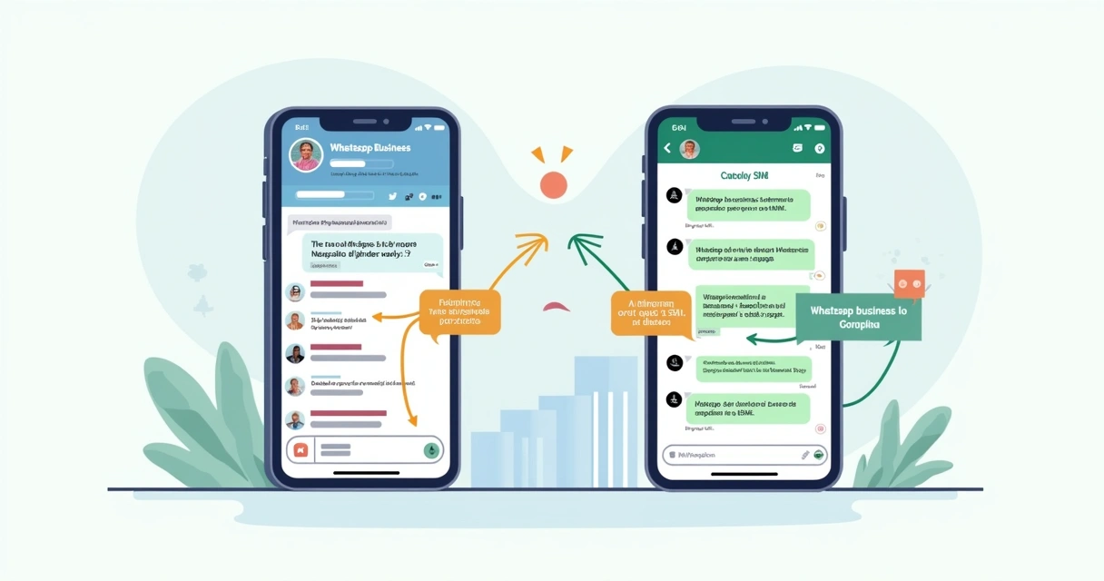Ilustração comparativa entre telas de celular mostrando mensagens no WhatsApp e SMS lado a lado. 