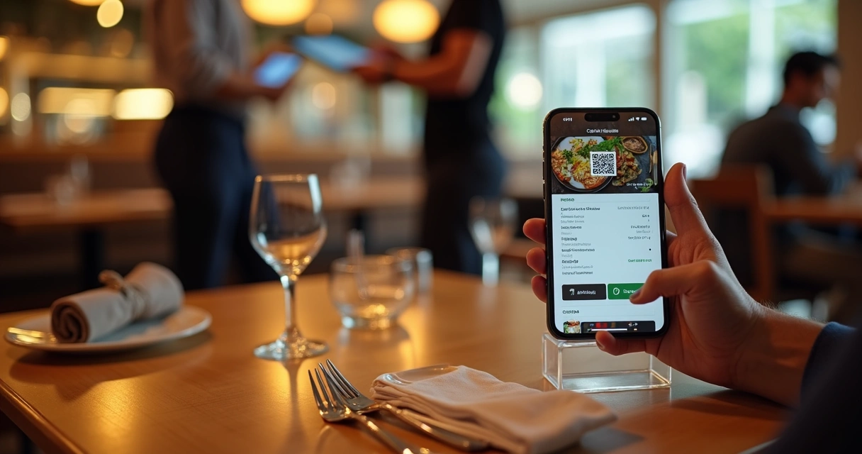 Mesa de restaurante com cliente acessando cardápio digital por QR code no celular 