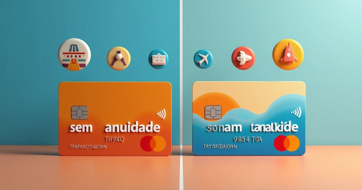 Dois cartões sendo comparados, um com anuidade e outro sem, divididos por uma linha 