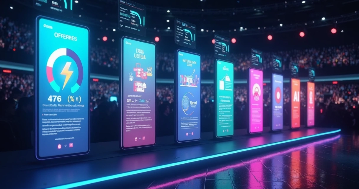 Criadores de landing page representados como painéis digitais em disputa de desempenho 