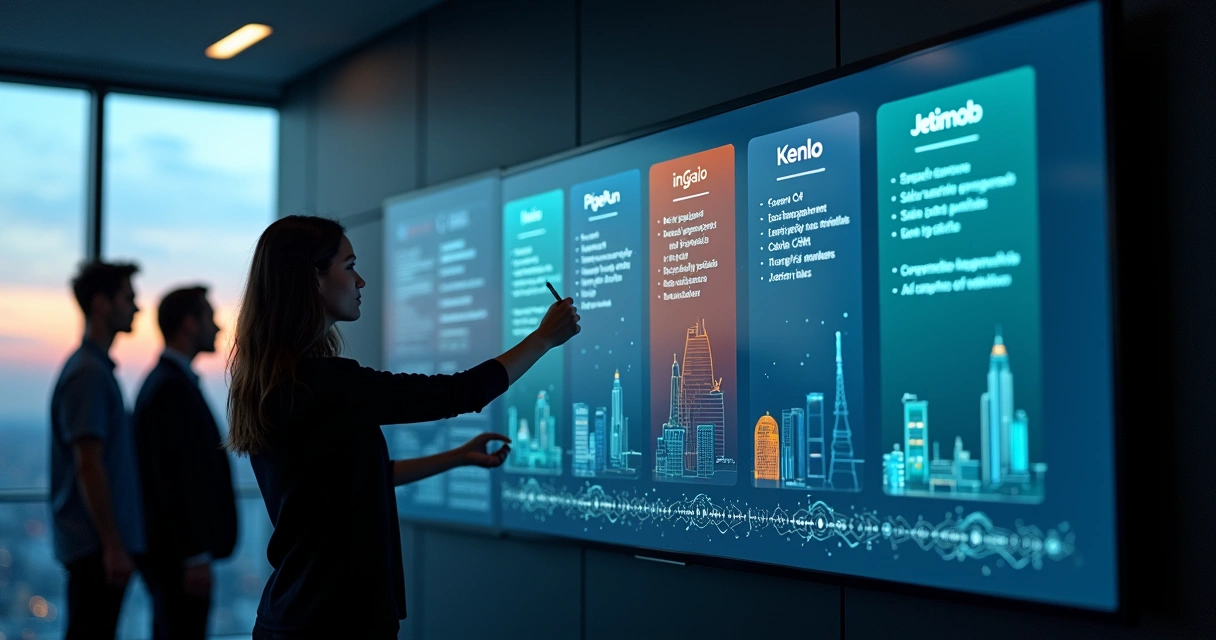Painel digital exibindo comparativo de CRMs imobiliários do Brasil 