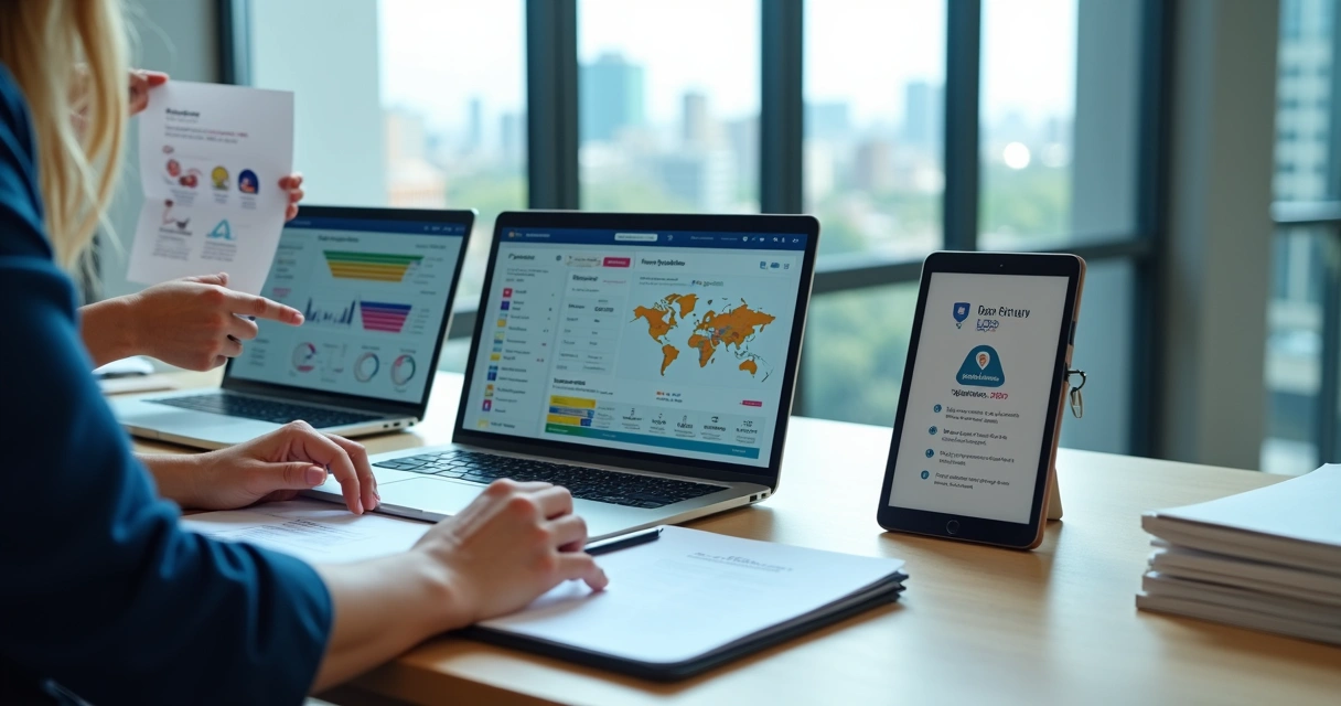 Comparativo visual de plataformas de CRM político em mesa de trabalho contemporânea 