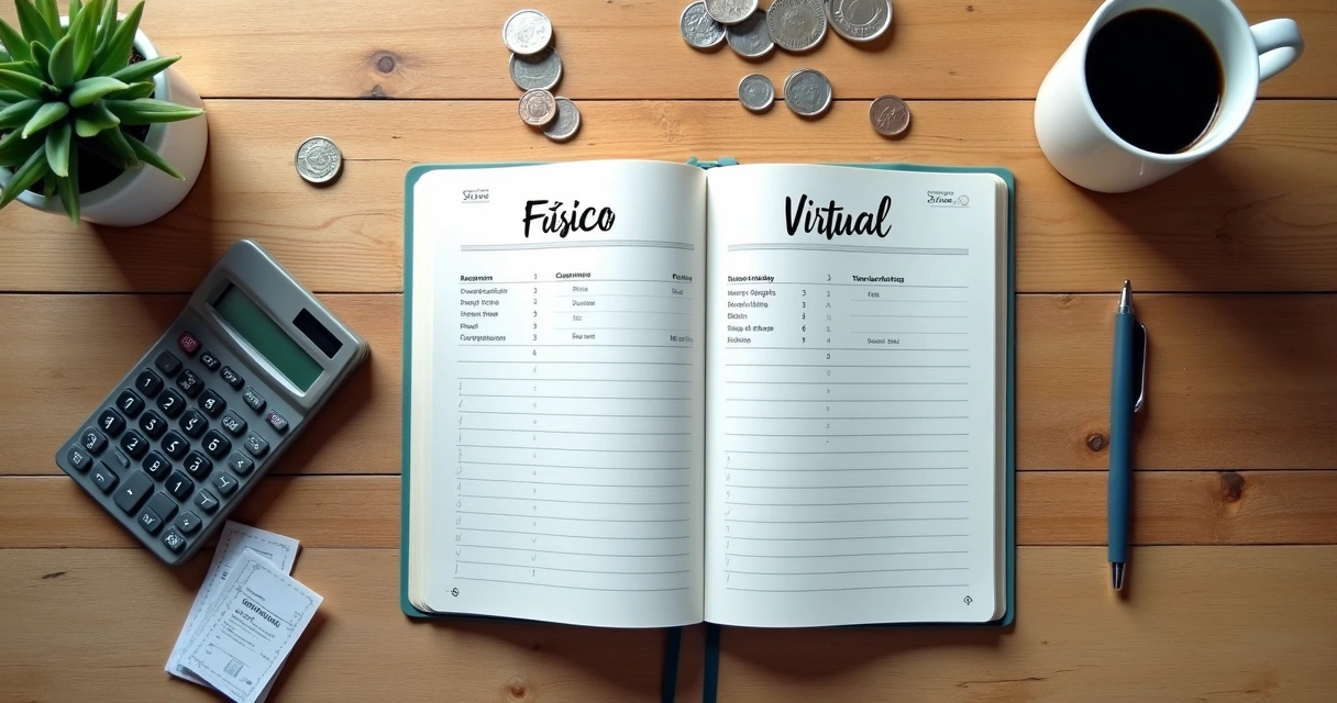 Mesa com calculadora e comparação de custos em duas colunas 