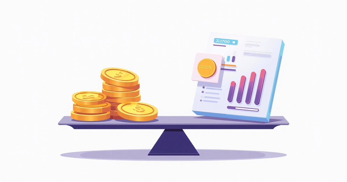 Ilustração de balança com moedas de um lado e tela de plataforma PRM do outro 