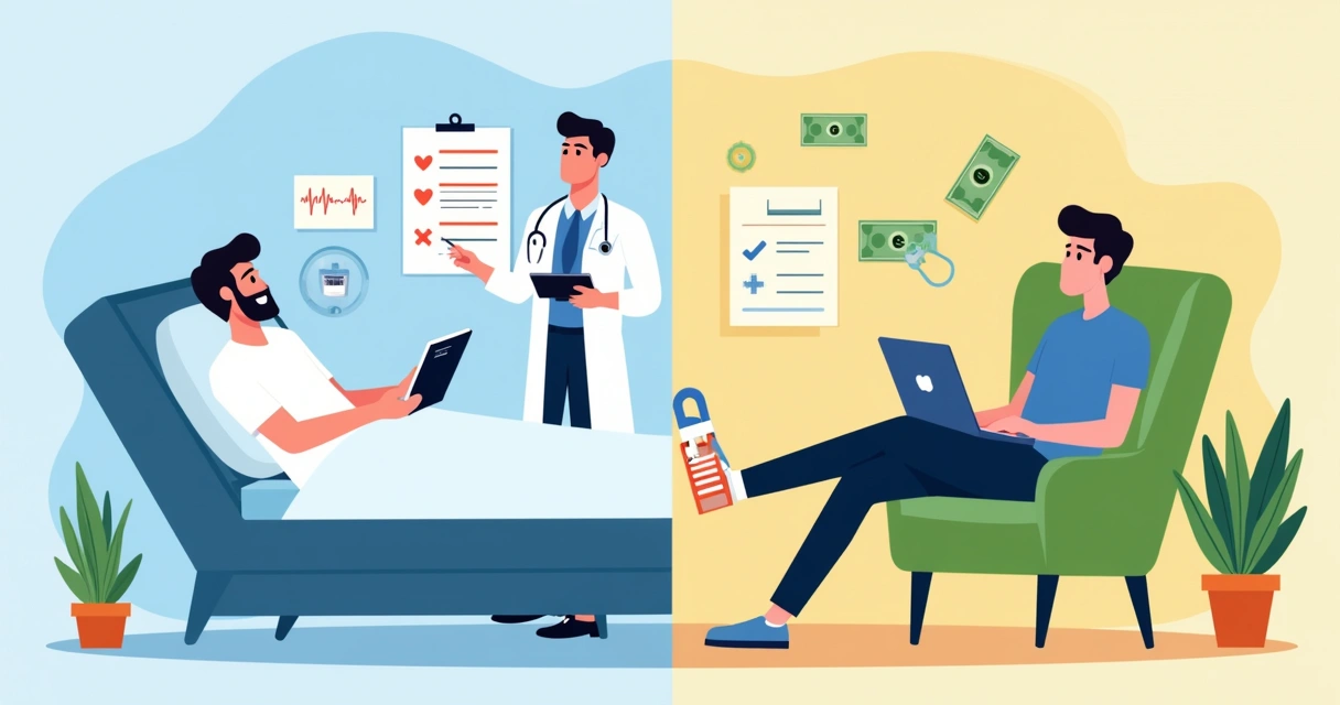 Ilustração de dois quadros lado a lado, um representando um paciente em uma cama hospitalar com vínculo a um plano de saúde, outro um profissional trabalhando em casa recebendo pagamento diário, representando o DIT 