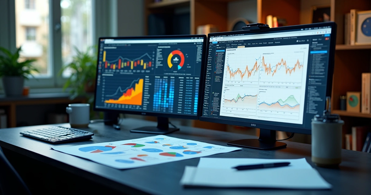 Mesa de escritório com dois documentos lado a lado, um dossiê tradicional e outro monitorado, com gráficos, tabelas e ícones de verificação e alerta 