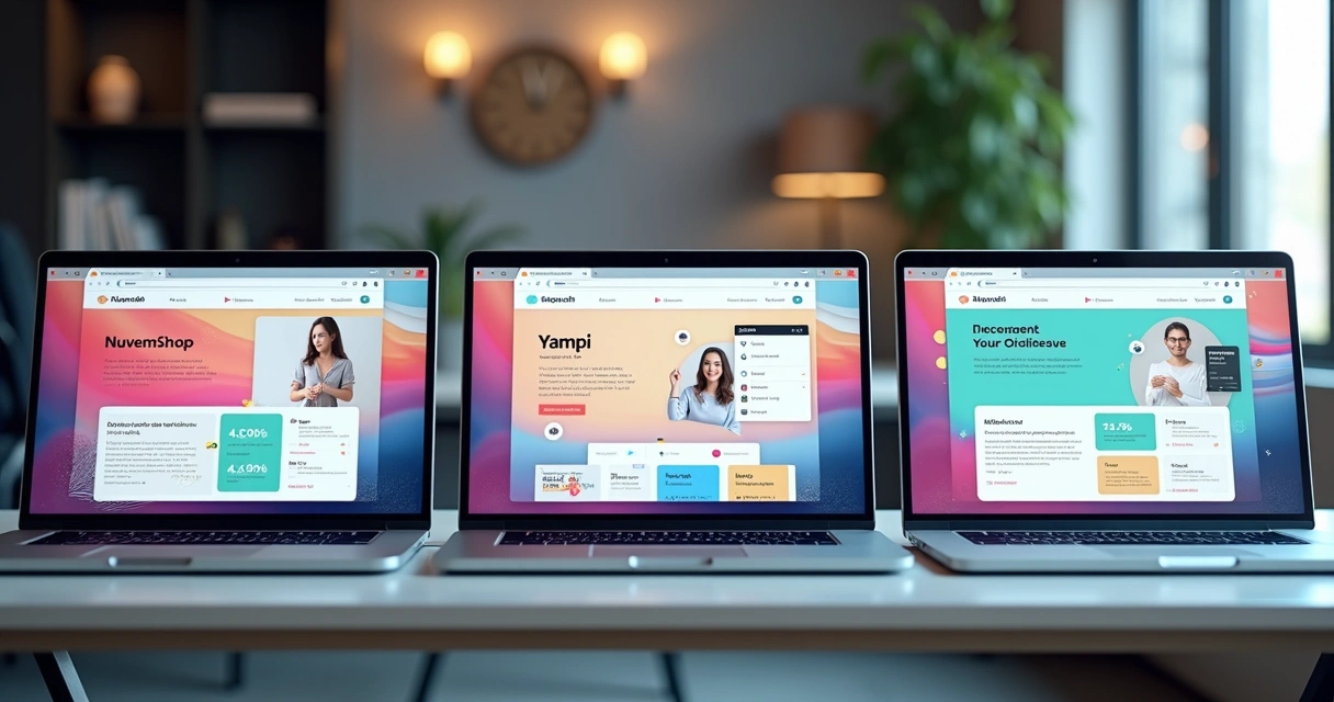 Três telas de notebook exibindo páginas iniciais de lojas online diferentes
