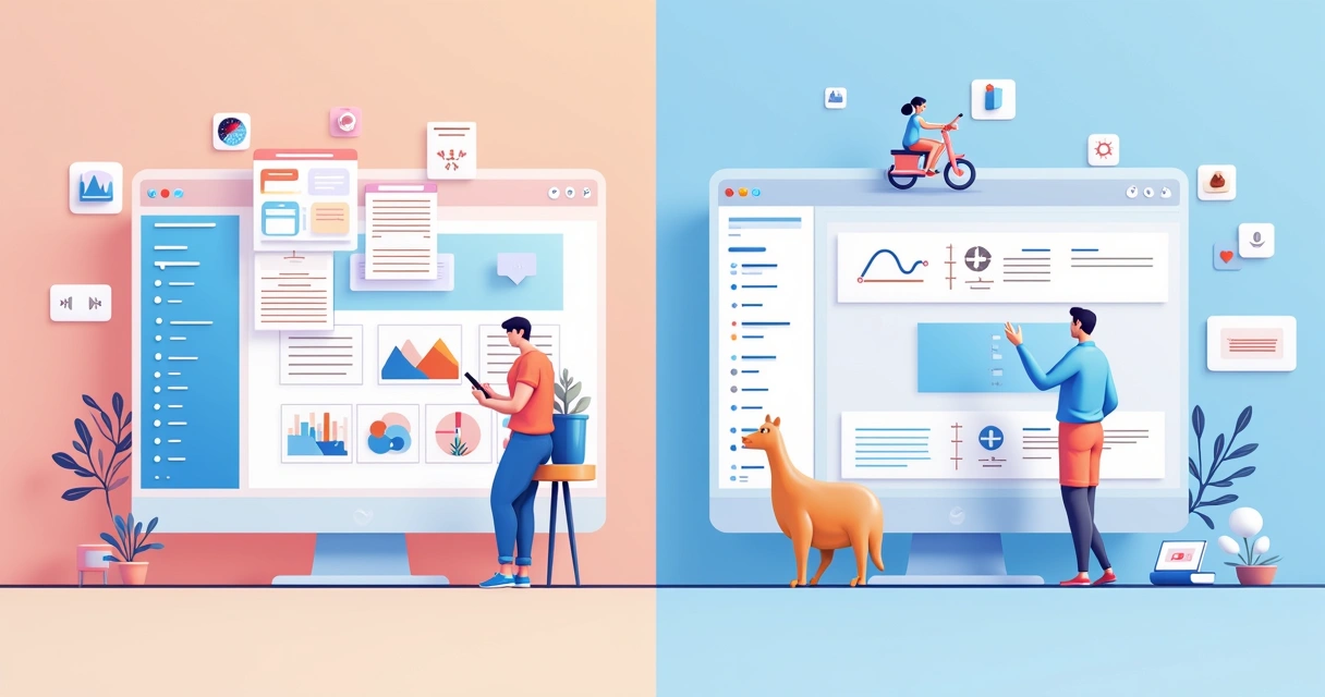 Comparação visual de editores arrastar e soltar GreatPages e Framer 