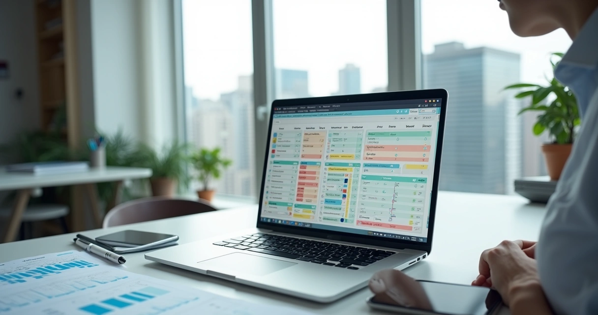 Gestor analisando painel comparativo de sistemas ERP em laptop em escritório moderno 