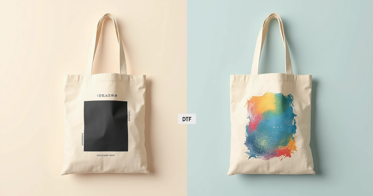 Comparação visual entre serigrafia e DTF em ecobag de algodão cru 
