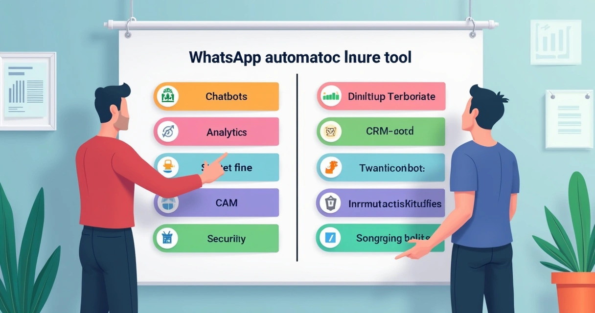Quadro comparativo colorido de ferramentas de automação do WhatsApp, com ícones de funcionalidades 