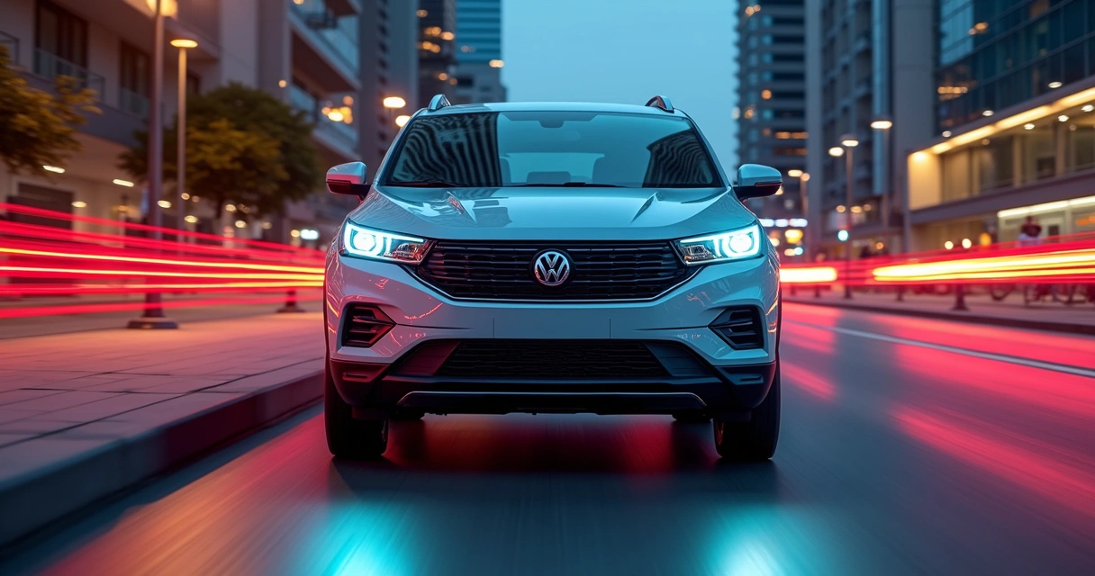 Fiat Pulse Drive e Volkswagen Tera lado a lado em cenário urbano com detalhes dos faróis de LED e rodas, iluminação natural e fundo com edifícios modernos