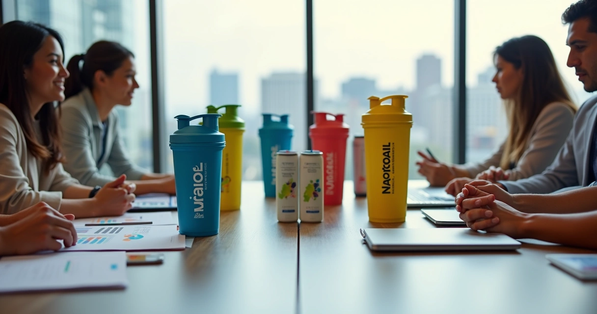 Mesa de reunião com amostras de brindes promocionais fitness nacionais e importados lado a lado 