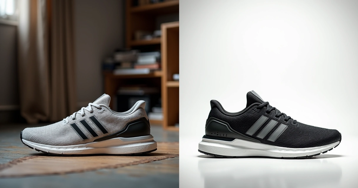 Comparação de foto amadora e foto profissional de um calçado com fundo personalizado 