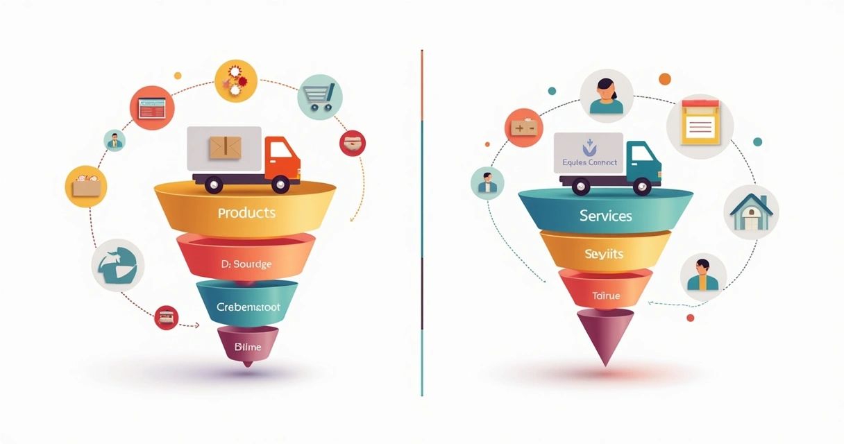 Infográfico comparando etapas do funil de produtos e serviços, dois lados com ícones coloridos distintos 