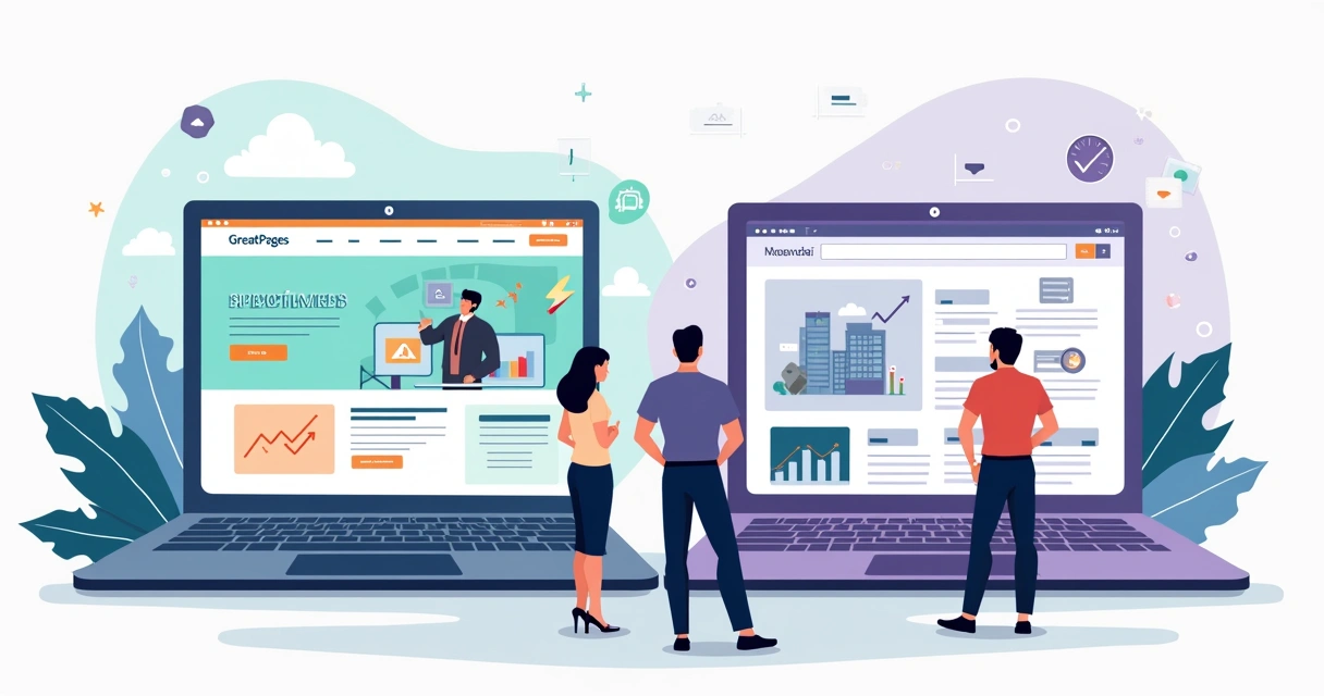 Ilustração comparando GreatPages e Hostinger Website Builder com destaque para performance e marketing digital 