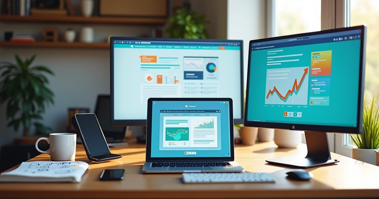 Profissional comparando GreatPages com outras plataformas de criação de páginas na tela do notebook 